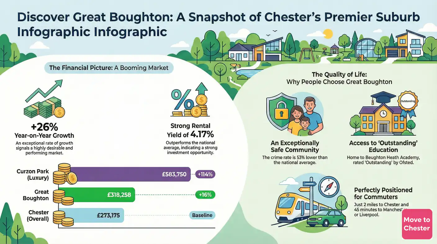 This image is a detailed two-part infographic titled Discover Great Boughton: A Snapshot of Chester's Premier Suburb Infographic, presented against a cartoon backdrop of a pleasant suburban landscape with houses, trees, and a park. The left section is headed The Financial Picture: A Booming Market. It features an upward-pointing green arrow with stacks of green and gold coins and the text +26% Year-on-Year Growth, accompanied by a description that states, An exceptional rate of growth signals a highly desirable and performing market. Beside it, a large percentage symbol and more money are associated with the text Strong Rental Yield of 4.17%, with the description, Outperforms the national average, indicating a strong investment opportunity. Below this is a horizontal bar chart showing property prices. The top purple bar, labeled Curzon Park (Luxury) with a large stack of coins, shows a value of £583,750 and a growth of +114%. The middle green bar for Great Boughton, also with coins, shows a value of £318,258 and a growth of +16%. The bottom blue bar for Chester (Overall), with a smaller stack of coins, shows a value of £273,175 and is marked as the Baseline. The right section is headed The Quality of Life: Why People Choose Great Boughton. It includes three distinct points. The first shows a cartoon family within a green shield and a padlock, with the text An Exceptionally Safe Community. The description below reads, The crime rate is 53% lower than the national average. The second point features a school building with a clock, a mortarboard, and a speech bubble saying Outstanding, accompanied by the text Access to Outstanding Education. The description specifies, Home to Boughton Heath Academy, rated Outstanding by Ofsted. The third point shows a train and a car with a compass and a signpost pointing in two directions, with the text Perfectly Positioned for Commuters. The description explains, Just 2 miles to Chester and 45 minutes to Manchester or Liverpool.